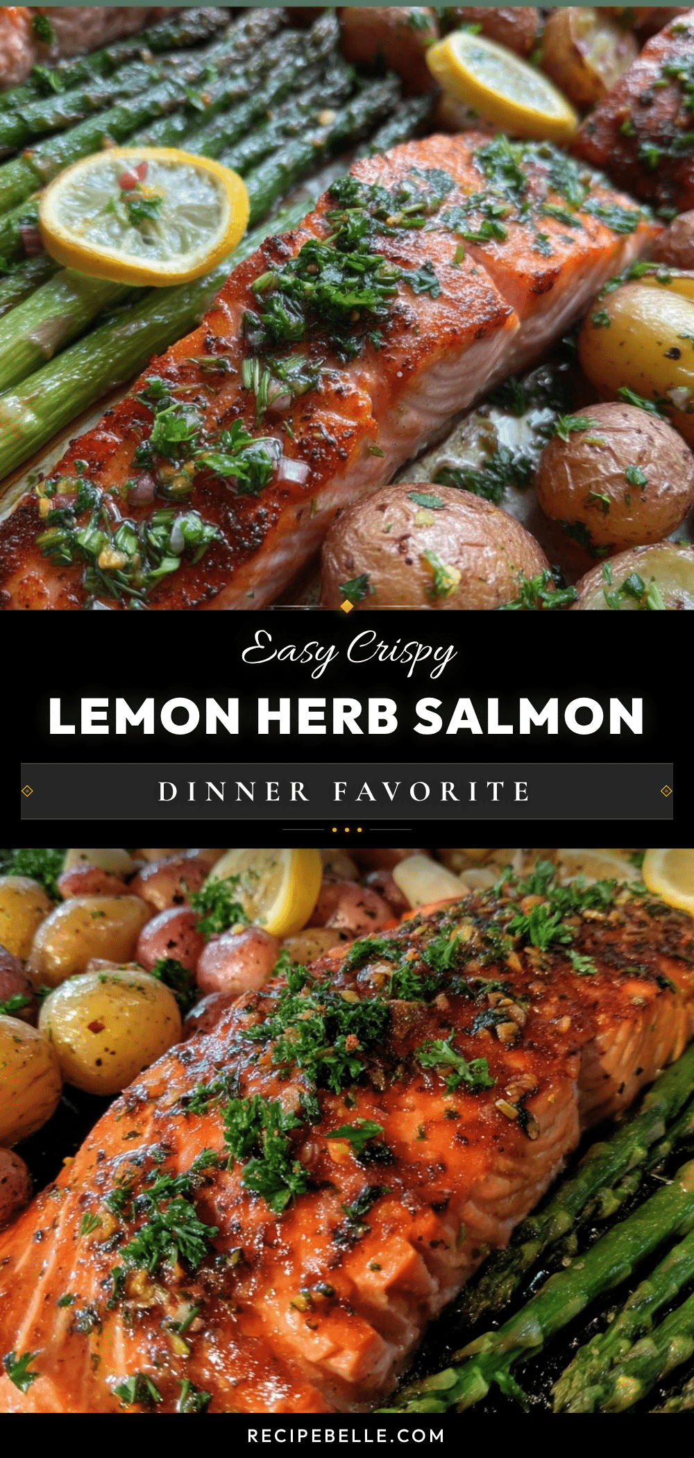 easy crispy lemon herb salmon sheet pan dinner recipe